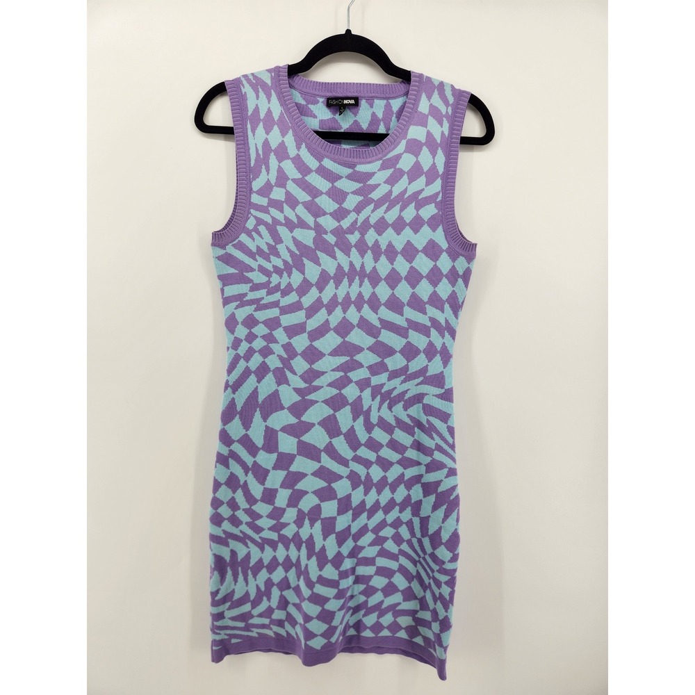 Fashion‎ Nova Purple Checkerboard Sleeveless Knit Mini Dress Cutout Back